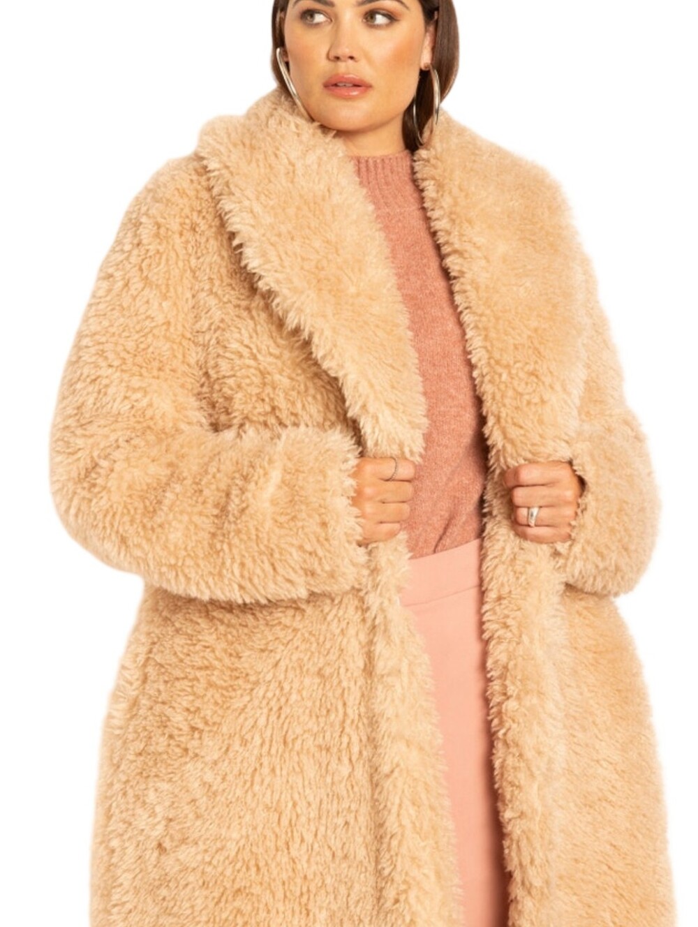 Eloquii Plush Faux Shearling Long Coat - Beige Plus Size 18 20 2X - Picture 3 of 10
